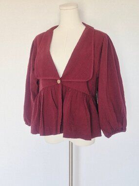 NEW Free People $98 Peplum Textured Top One-Button 3/4 Sleeve Sweet Raisin